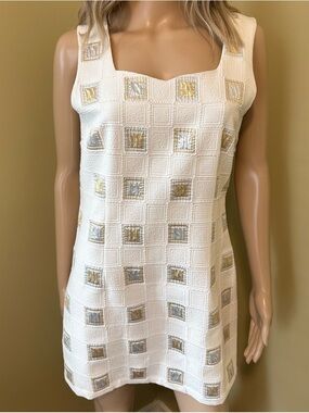 White Embellished Square Pattern Metallic Shift Mini Dress